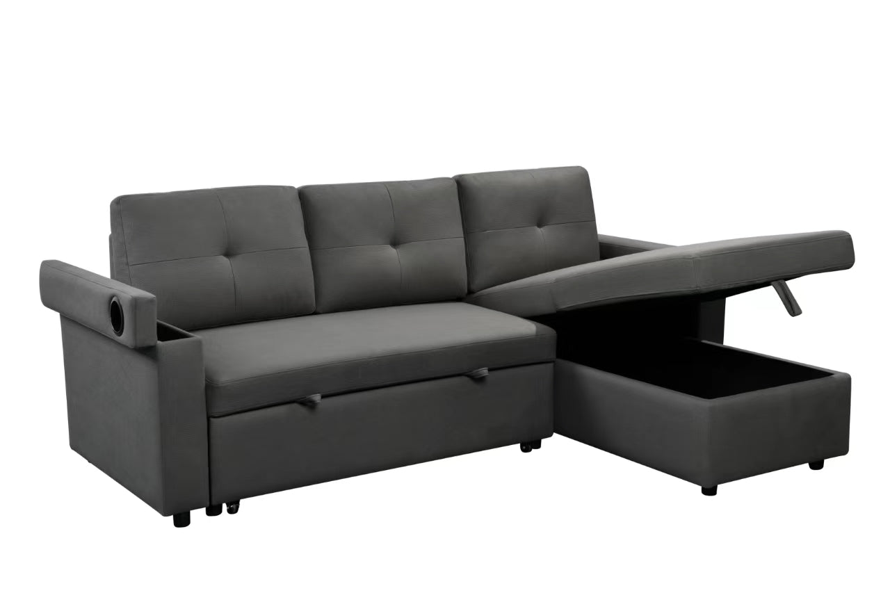 CANAPE D'ANGLE GRIS AVEC PORTE GOBLET TRANSFORMABLE EN LIT AVEC RANGEMENT ET 2 COUSSINS 225x147x84