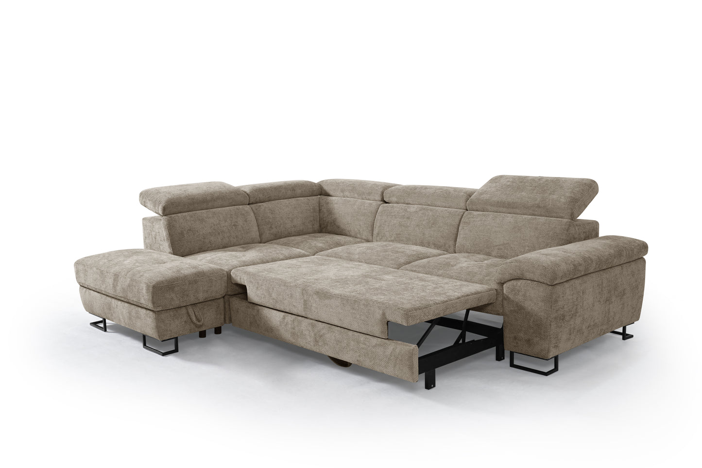 CANAPE D'ANGLE DROIT TRANSFORMABLE EN LIT AVEC COFFRE RANGEMENT COULEUR BEIGE MARRON TISSU EPAIS 276x212x79 ( 3