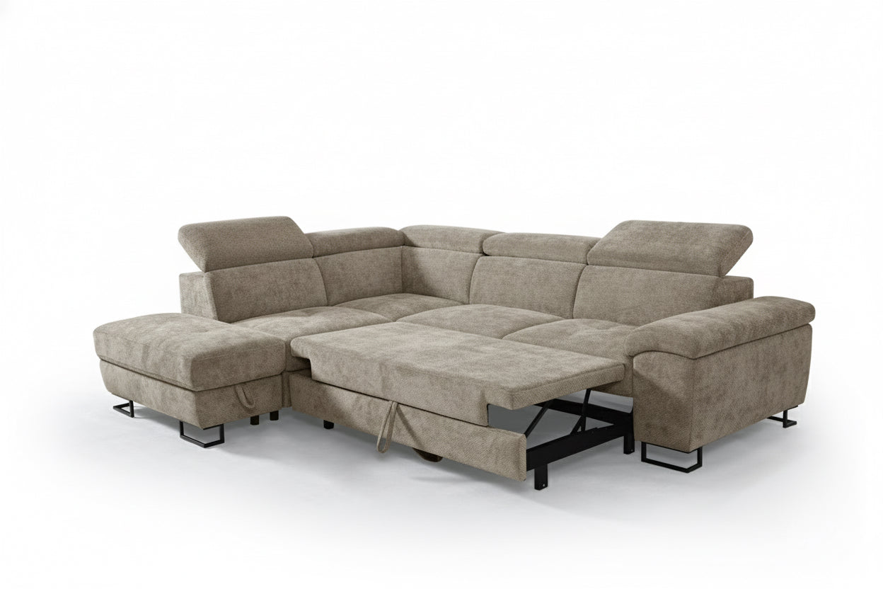 CANAPE D'ANGLE DROIT TRANSFORMABLE EN LIT AVEC COFFRE RANGEMENT TISSU EPAIS 276x212x79