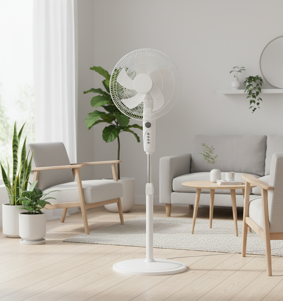 EVOLU VENTILATEUR SUR PIED RONDS 5 PALES 3 VIT 18P ( 45CM ) BLANC MAT