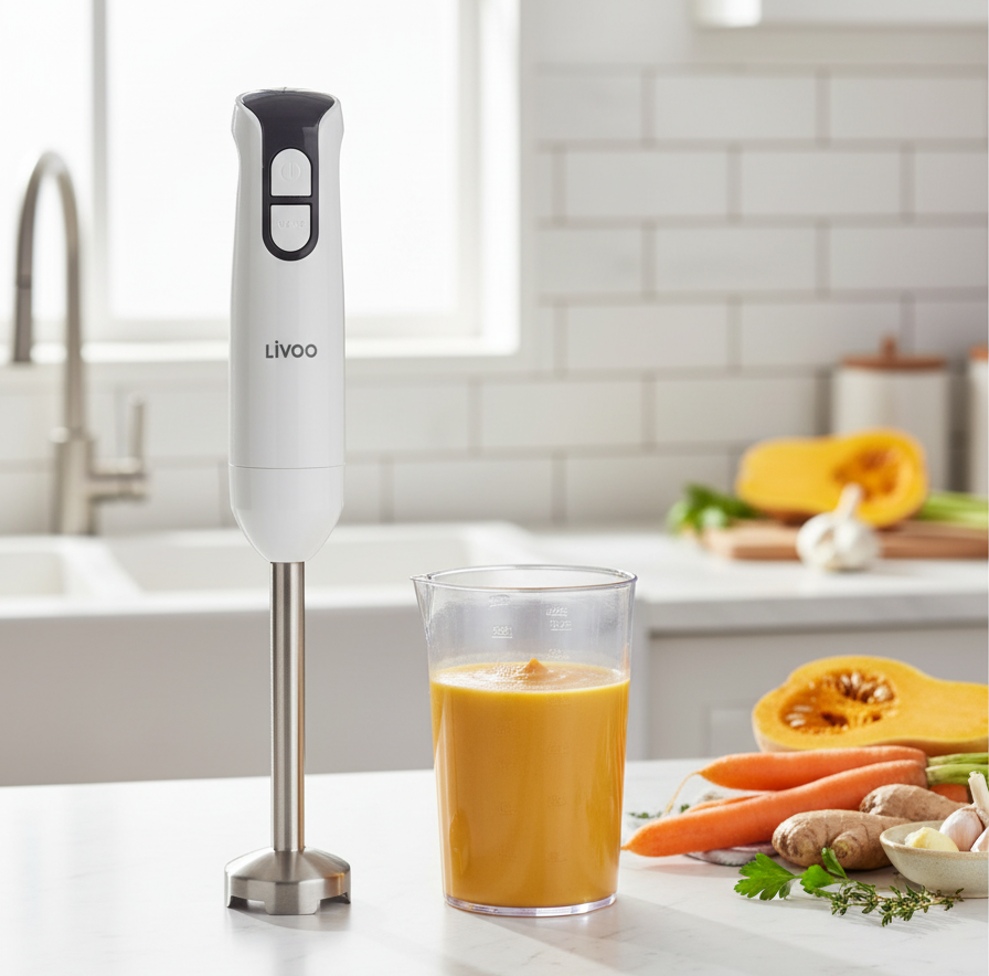 LIVOO MIXEUR PLONGEANT 400W 2LAME ACIER INOX + BOL GRADUE BLANC