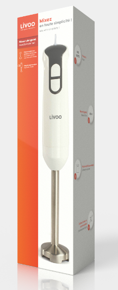 LIVOO MIXEUR PLONGEANT 400W 2LAME ACIER INOX + BOL GRADUE BLANC