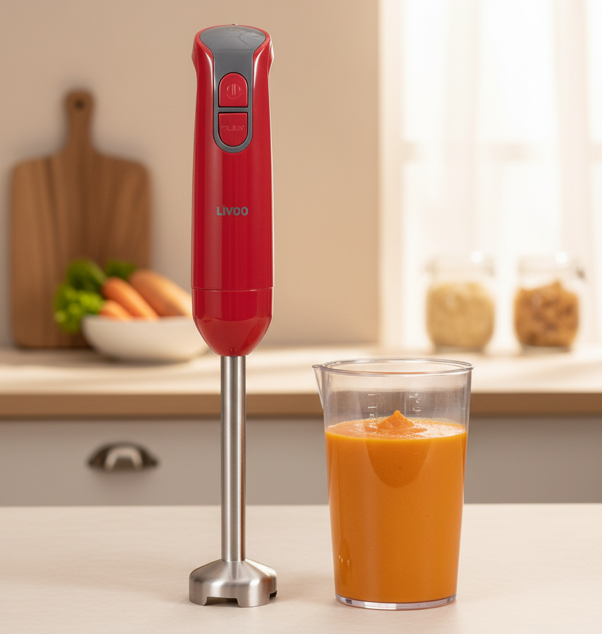 LIVOO MIXEUR PLONGEANT 400W 2LAME ACIER INOX + BOL GRADUE ROUGE