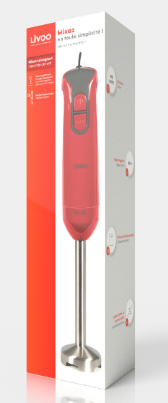 LIVOO MIXEUR PLONGEANT 400W 2LAME ACIER INOX + BOL GRADUE ROUGE