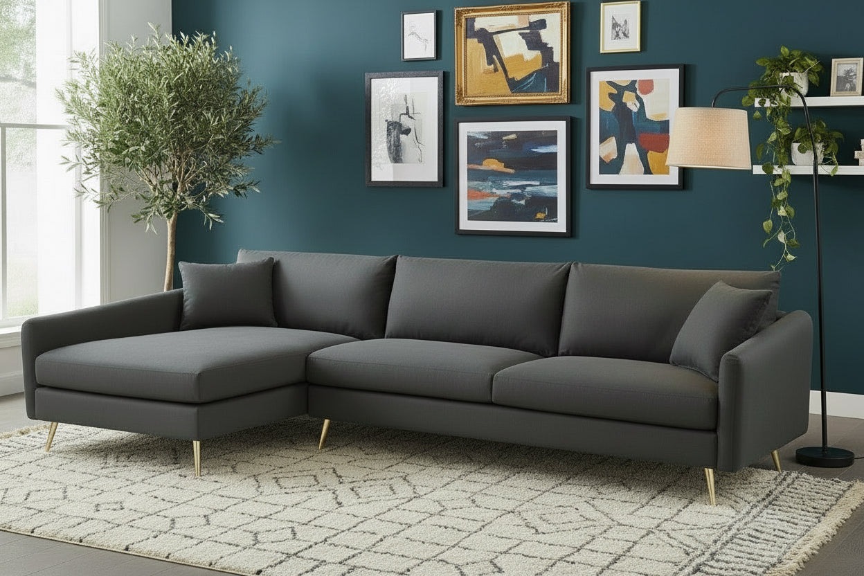 CANAPE ANGLE GAUCHE GRIS FONCE NOIR AVEC 2 COUSSINS 290x158x88(2 COLIS)