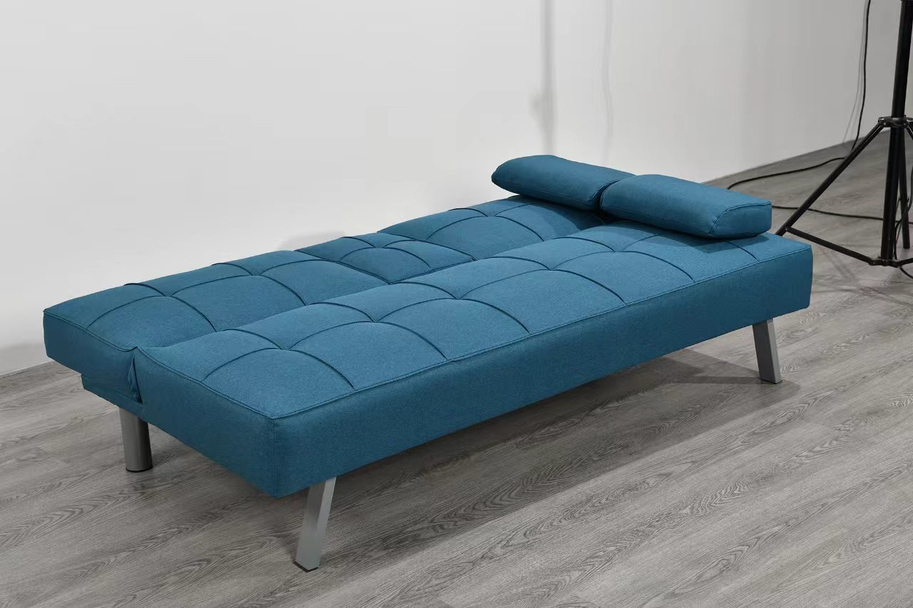 CANAPE CLIC CLAC ( TRANSFORMABLE EN LIT) AVEC PORTE GOBLETS PIEDS CHROME COULEUR BLEU TURQUOISE.168x78x77