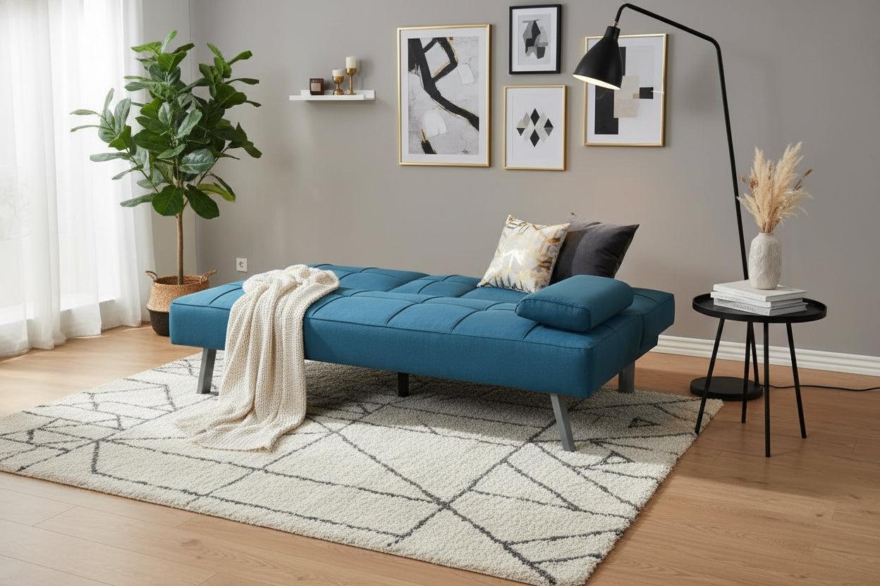 CANAPE CLIC CLAC ( TRANSFORMABLE EN LIT) AVEC PORTE GOBLETS PIEDS CHROME COULEUR BLEU TURQUOISE.168x78x77