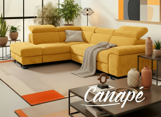 CANAPE D'ANGLE DROIT TRANSFORMABLE EN LIT AVEC COFFRE RANGEMENT TISSU EPAIS 276x212x79