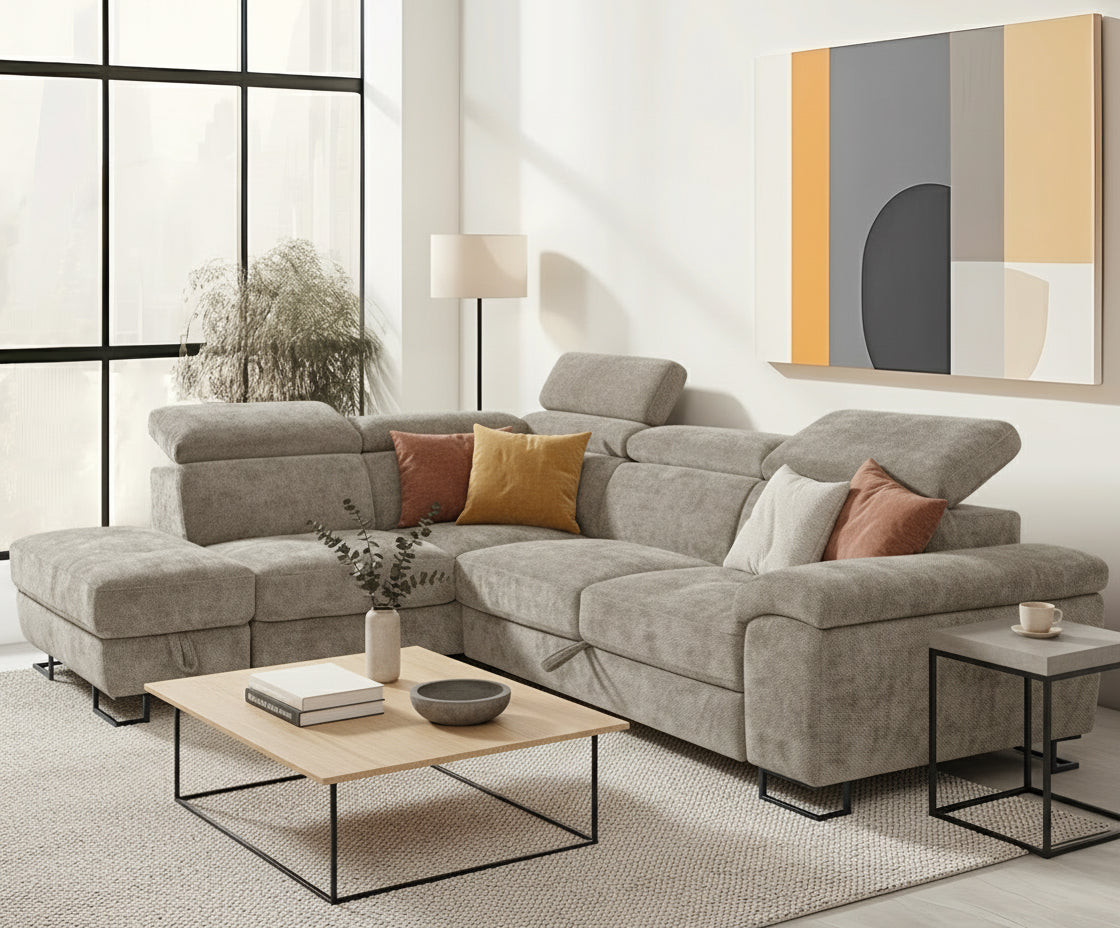 CANAPE D'ANGLE DROIT TRANSFORMABLE EN LIT AVEC COFFRE RANGEMENT TISSU EPAIS 276x212x79